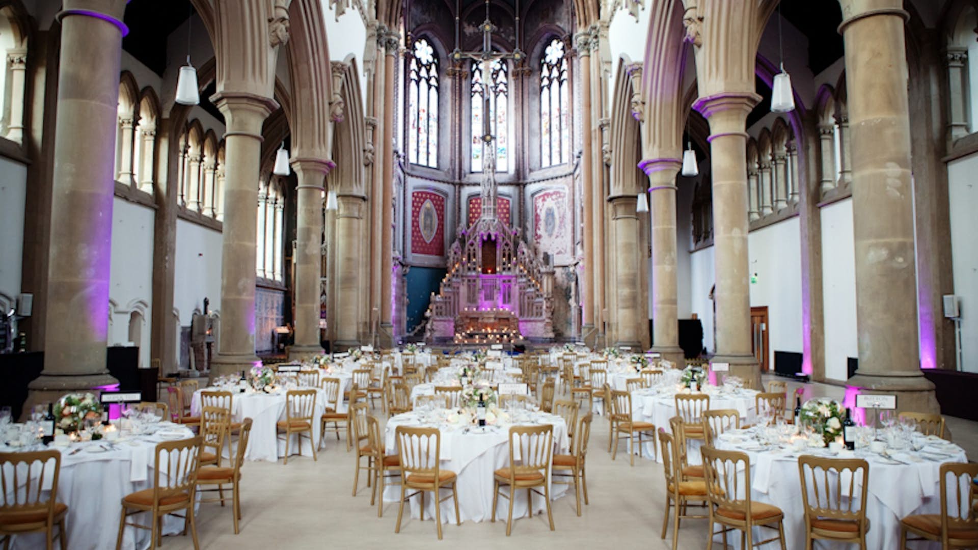 Elegant banquet hall in Manchester Monastery, ideal for weddings and formal events.