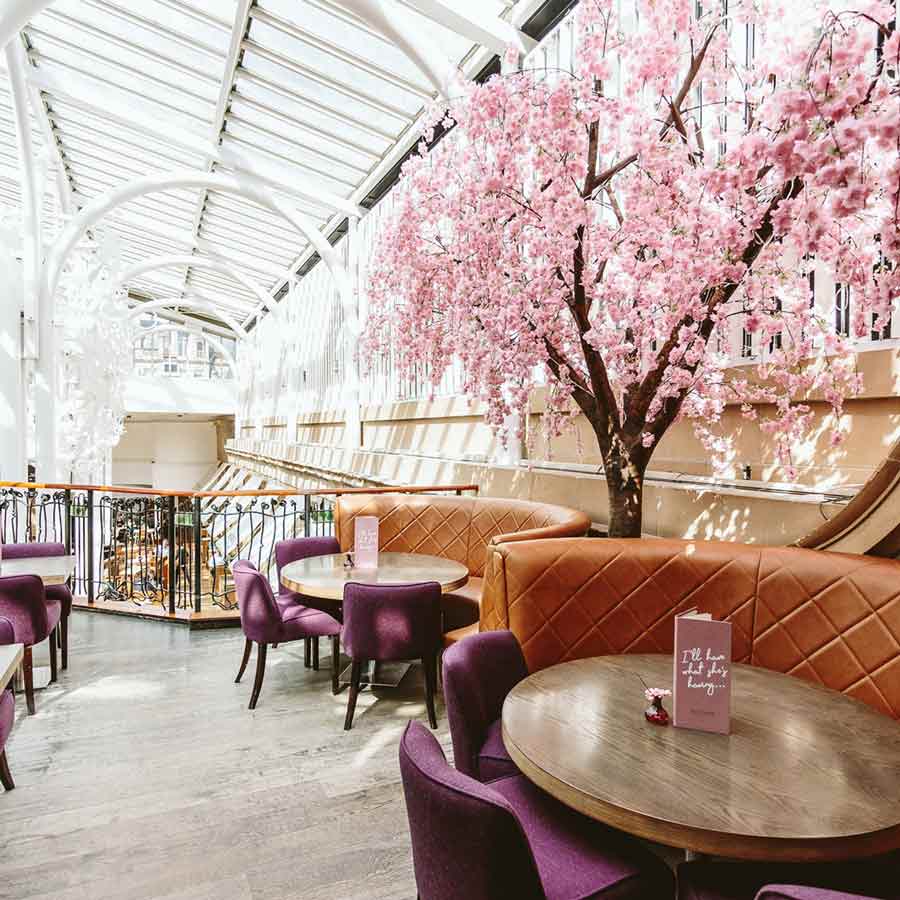 Elegant restaurant event space with cherry blossom tree, perfect for weddings and brunches.