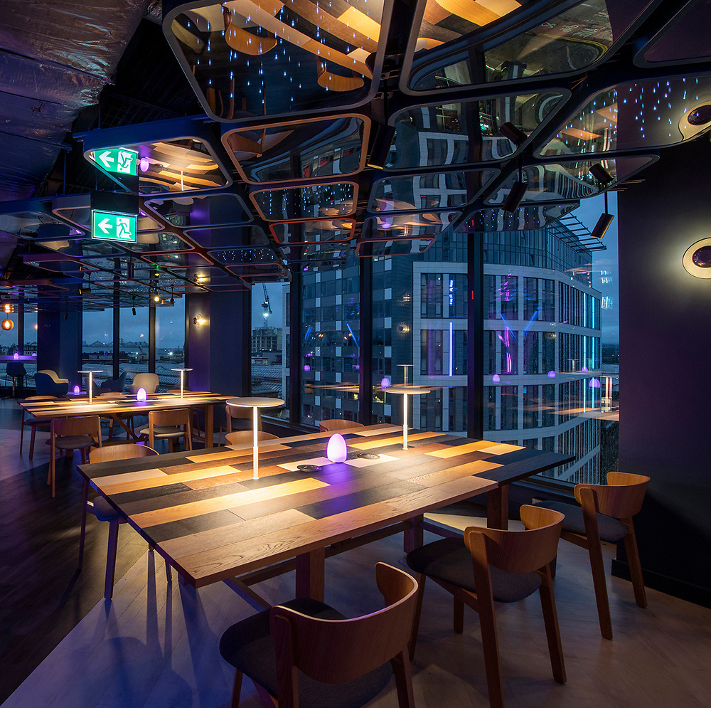 Modern event space in VEGA Glasgow with panoramic city views, perfect for networking.