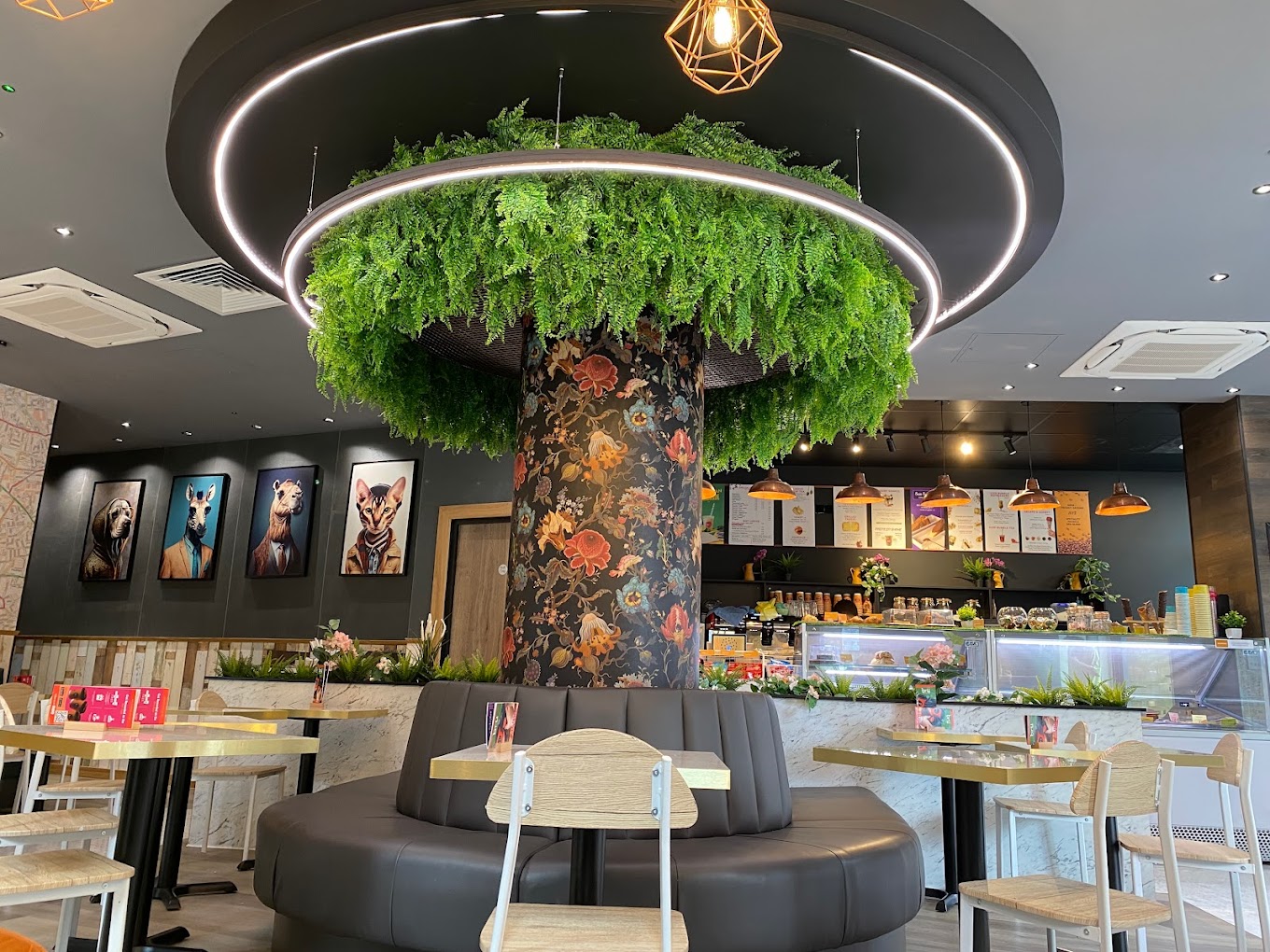 Modern Bru Coffee venue with greenery, ideal for meetings and events.