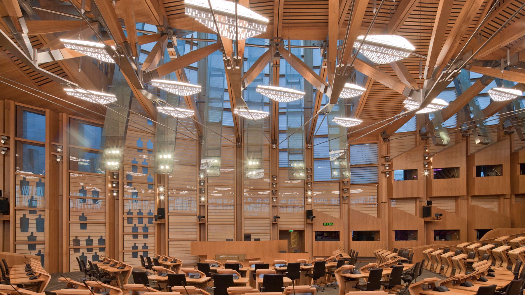 Modern Debating Chamber in BMA Scotland with wooden beams, ideal for conferences and events.