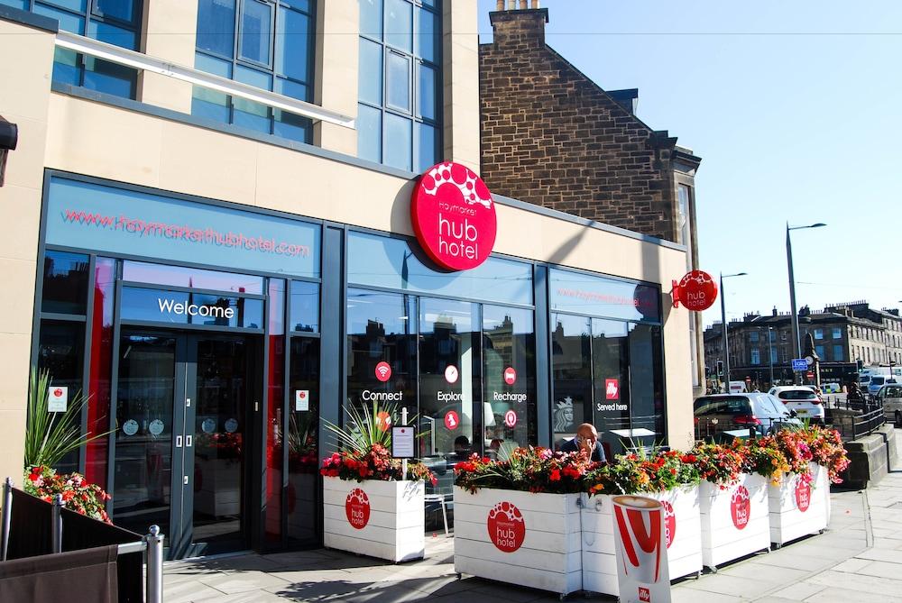 Modern hotel entrance at Haymarket Hub, perfect for corporate events and meetings.
