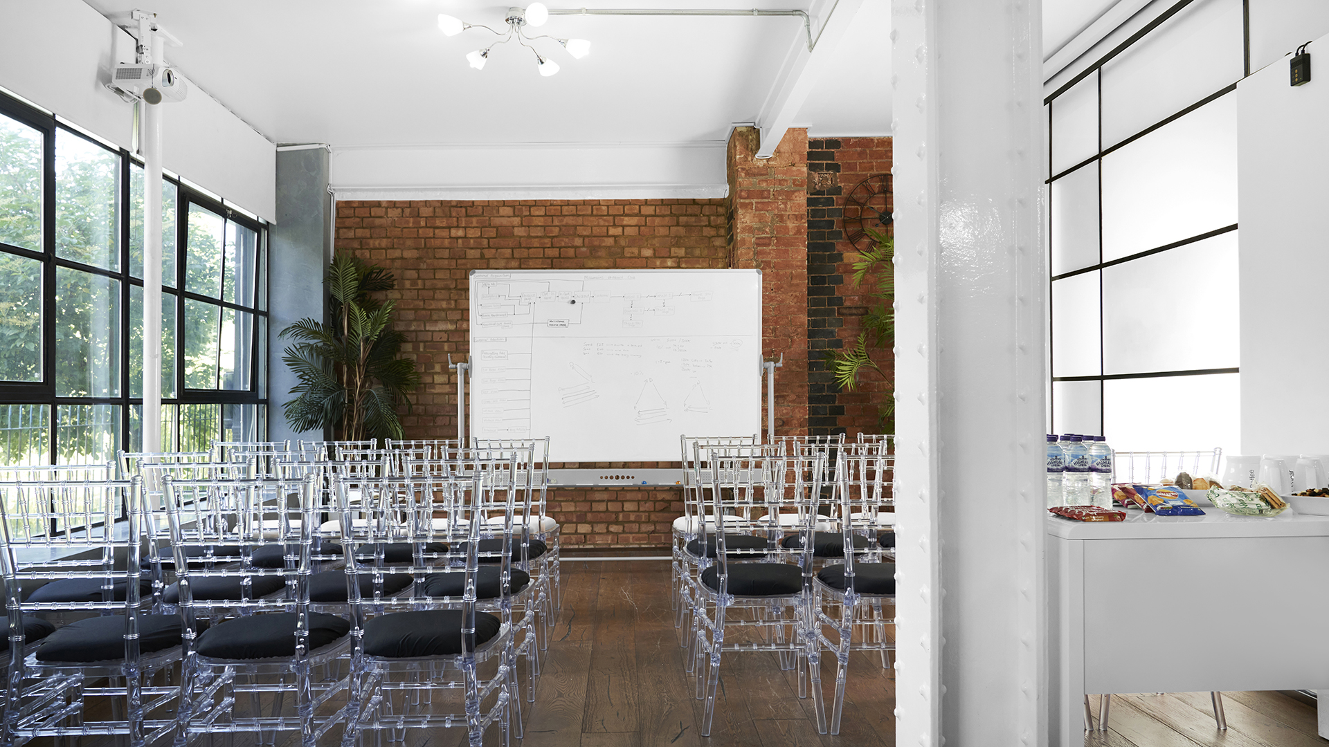 Modern meeting space with acrylic chairs for corporate workshops and seminars.