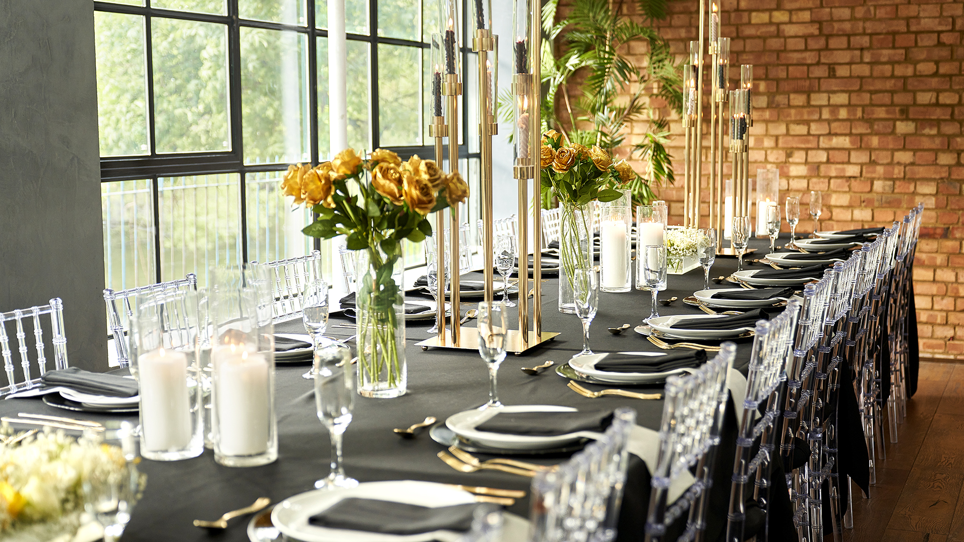 Elegant banquet table setup with floral centerpieces for corporate events.