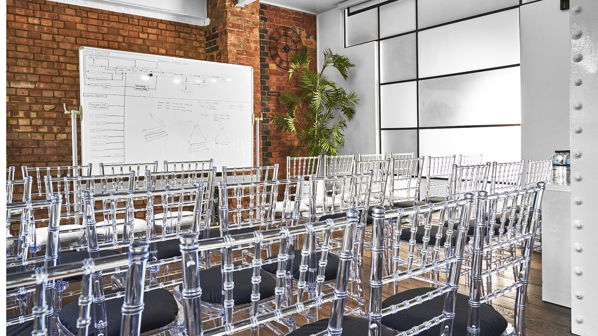 Modern meeting space with acrylic chairs, ideal for workshops and presentations.