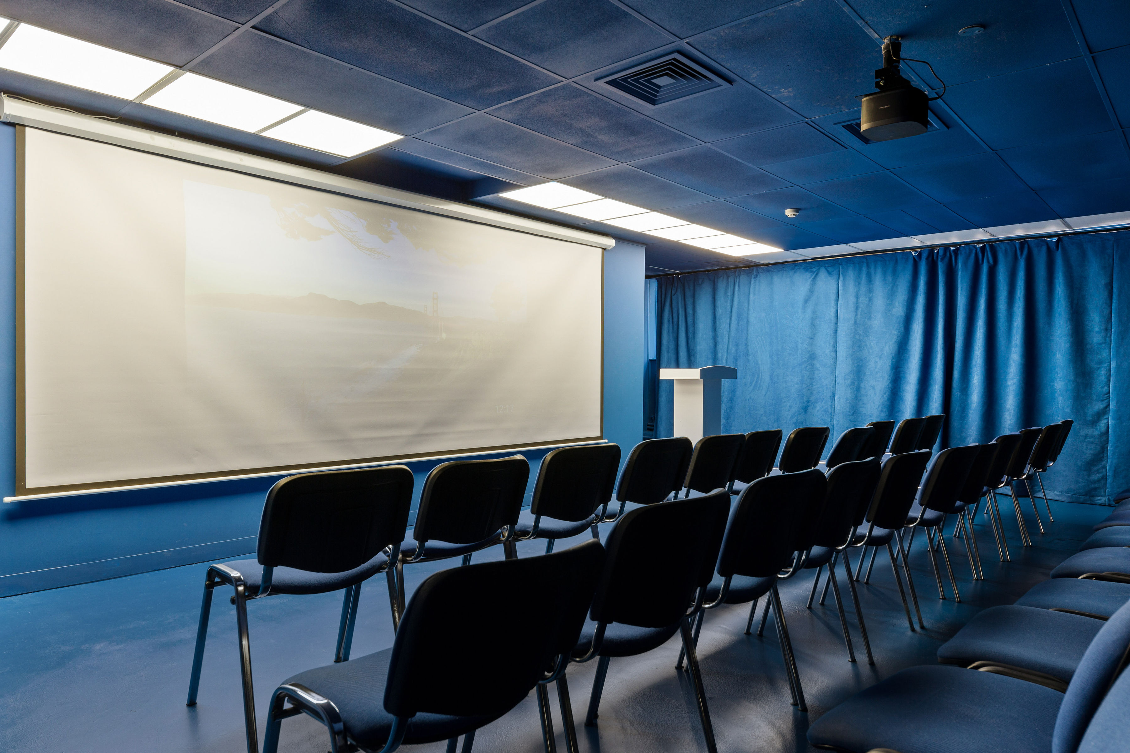 Quirky Blue Room with black chairs, ideal for corporate meetings and workshops.