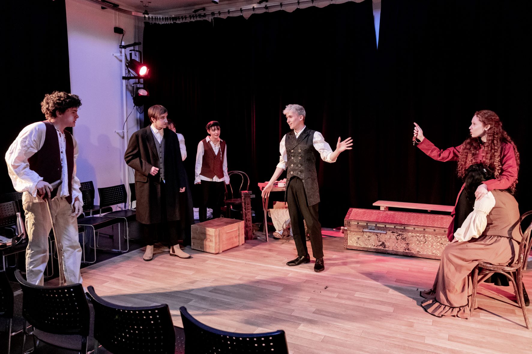 Dynamic rehearsal at The Gallery in Rose Theatre with dramatic lighting, events space.