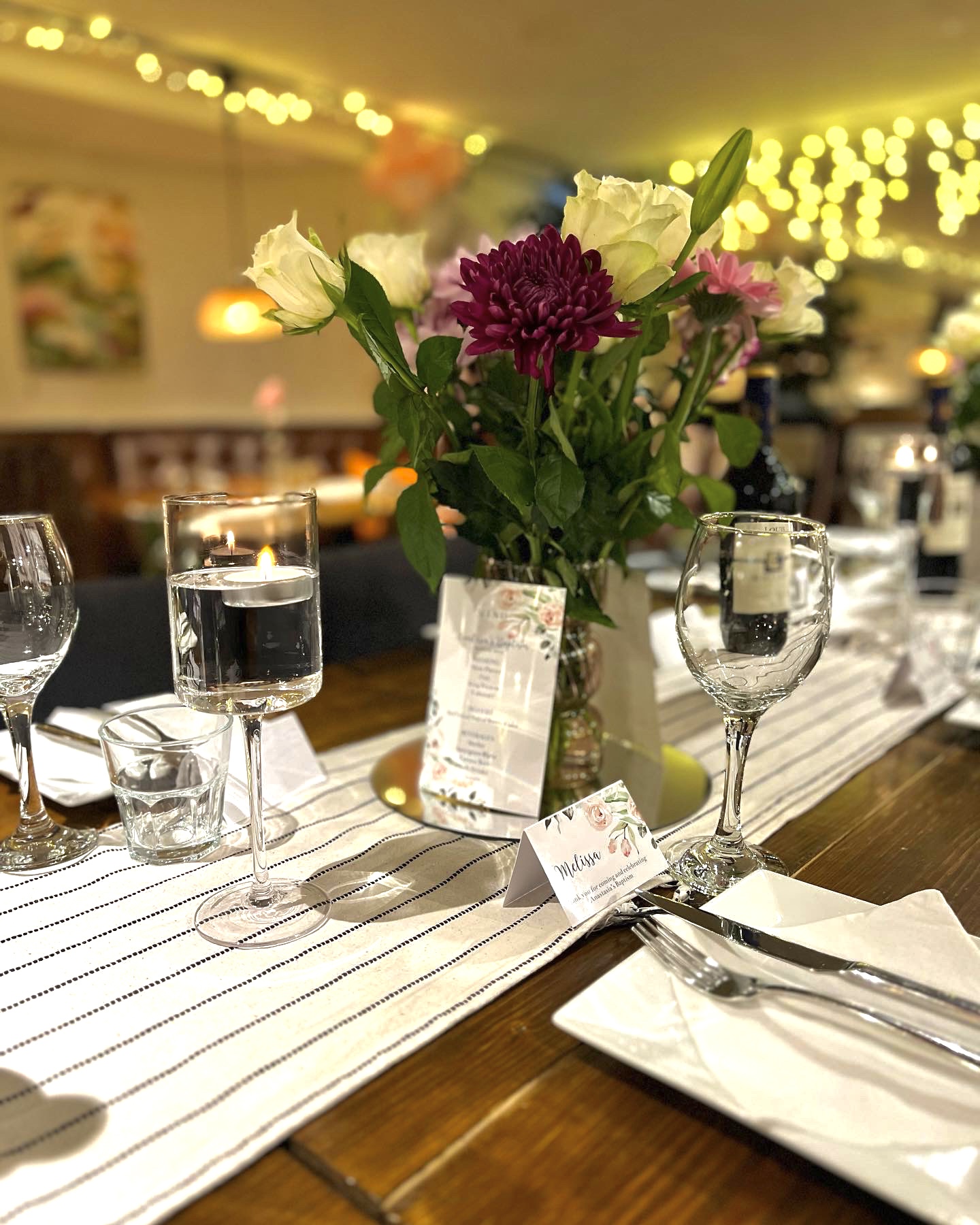 Elegant dining table at PUPA Restaurant, perfect for intimate events and dinner meetings.