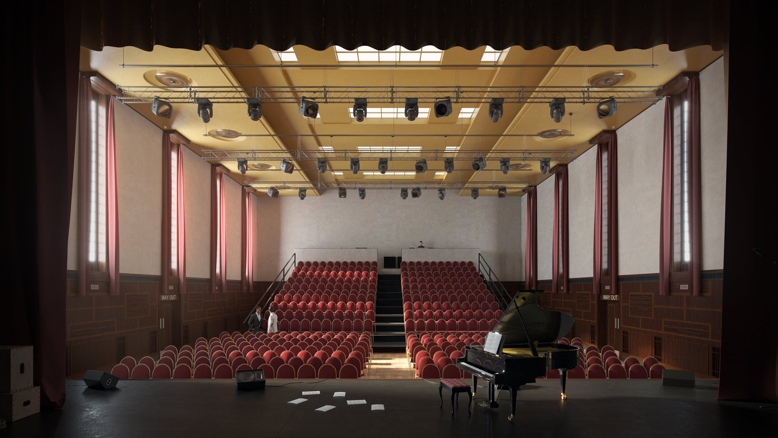 Hornsey Town Hall auditorium with grand piano, ideal for performances and conferences.