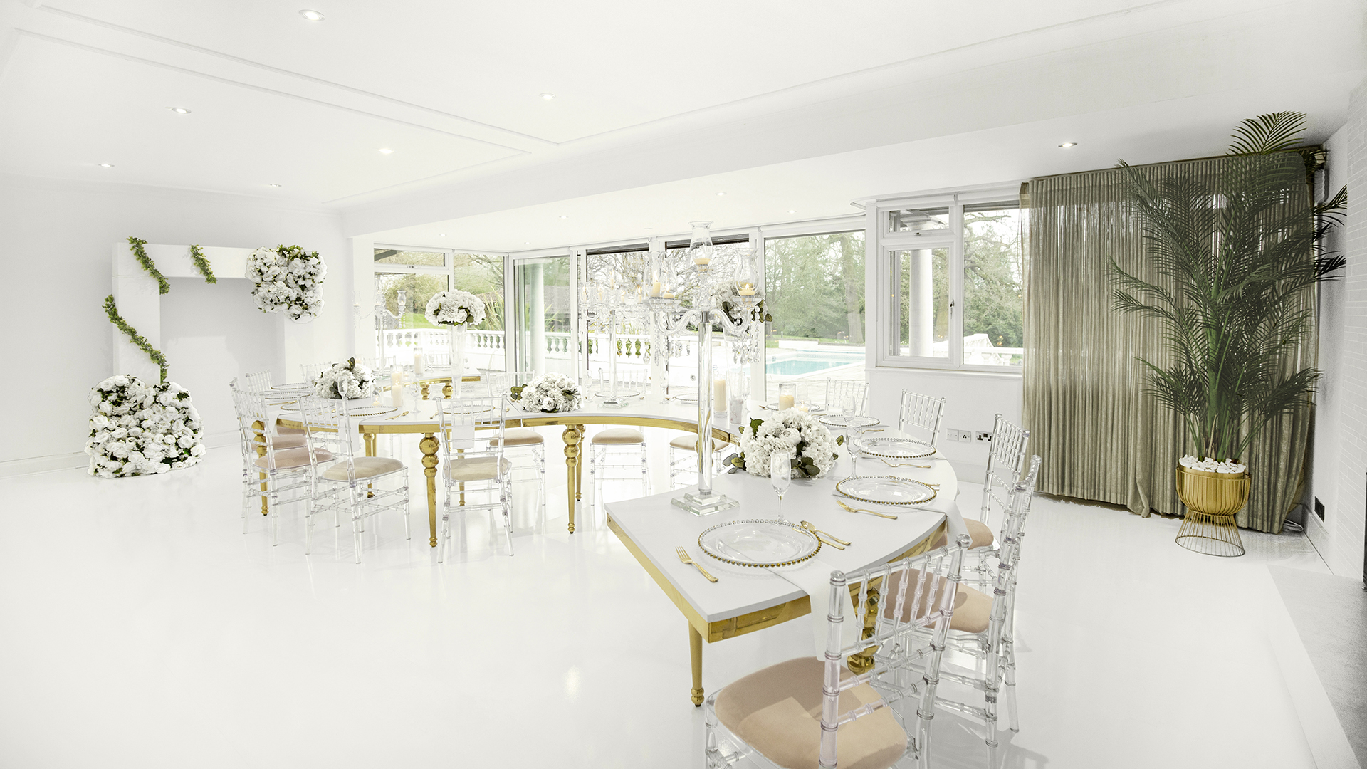 Elegant Villa Mansion event space with white decor, perfect for weddings and corporate events.