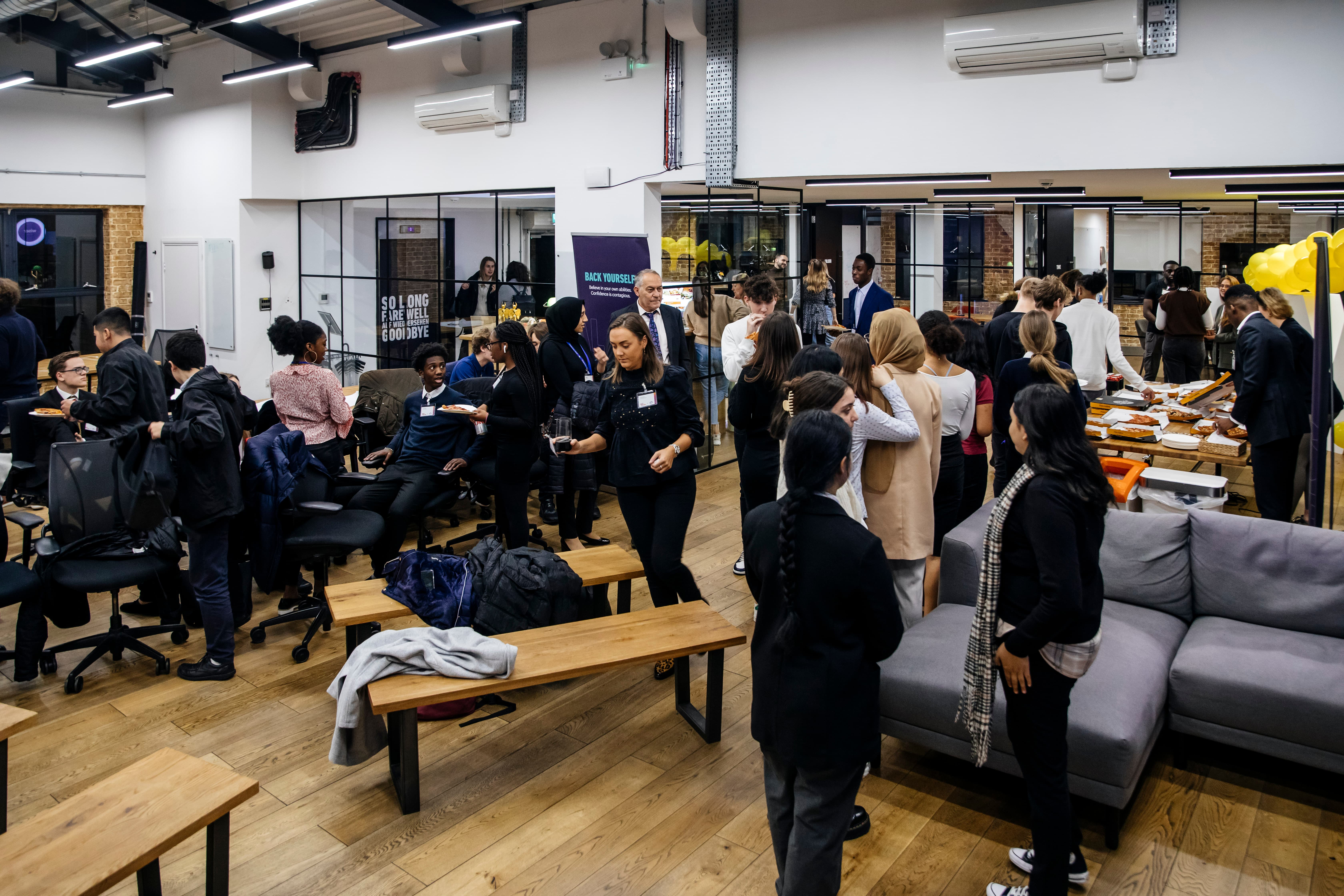 Dynamic networking event at EC1 Campus with flexible seating for collaboration.