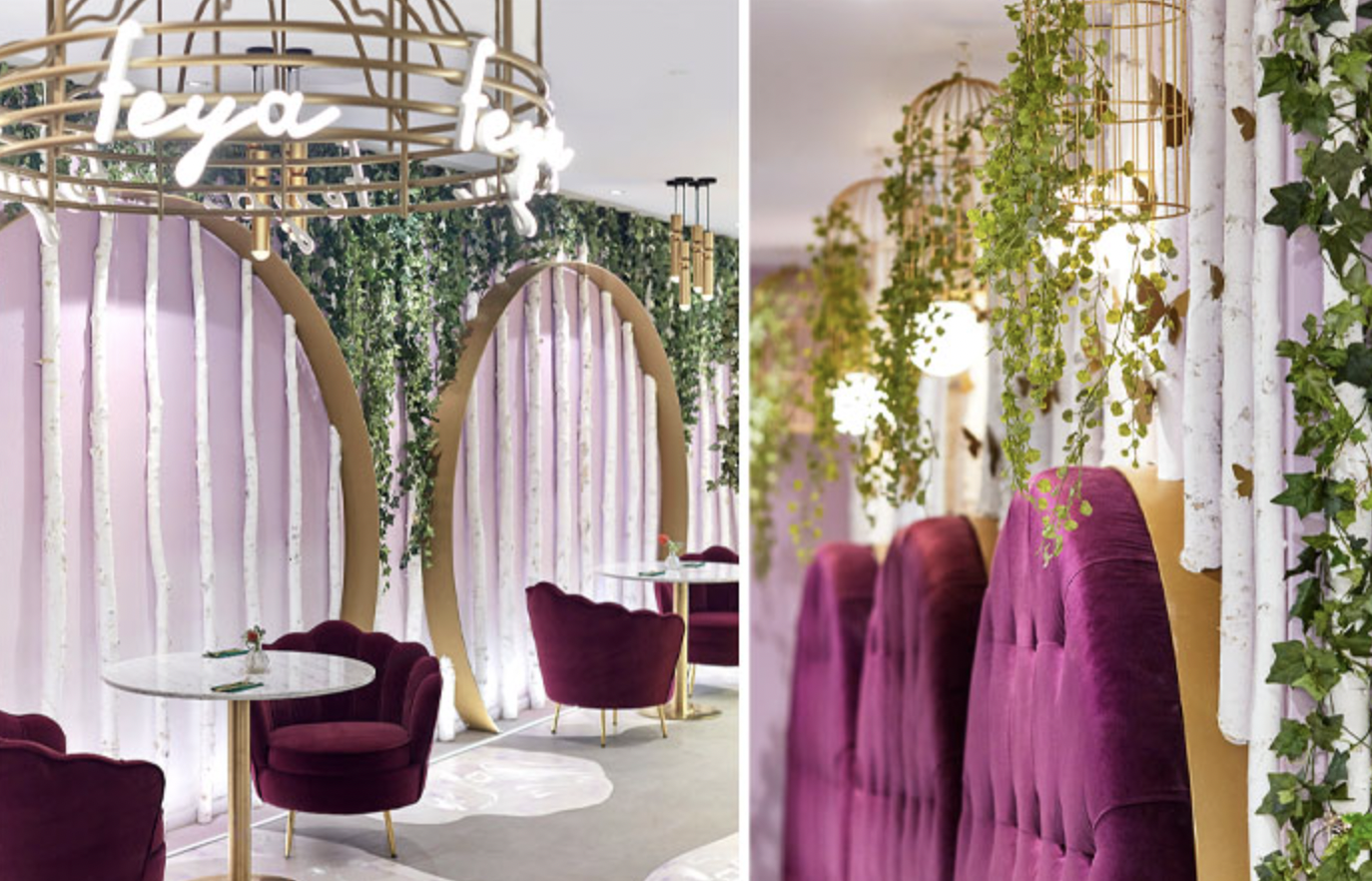 Stylish event space with plush purple seating, ideal for corporate meetings and social gatherings.