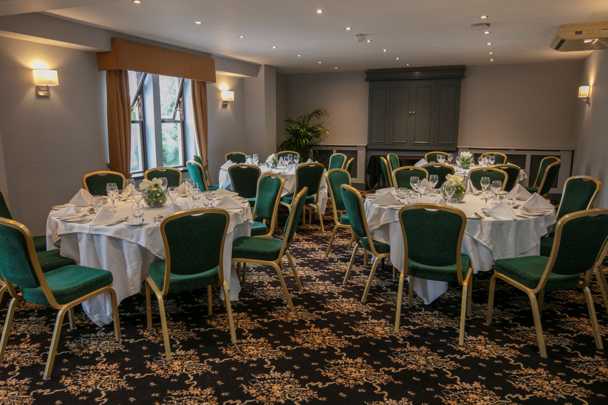 Elegant Wentworth Room at Moor Hall Hotel, perfect for corporate meetings and banquets.