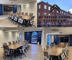 Modern boardroom at St. Peter's House, ideal for meetings and events with natural light.