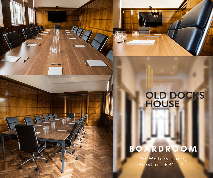 Sophisticated boardroom with wooden paneling for executive meetings in Old Docks House.