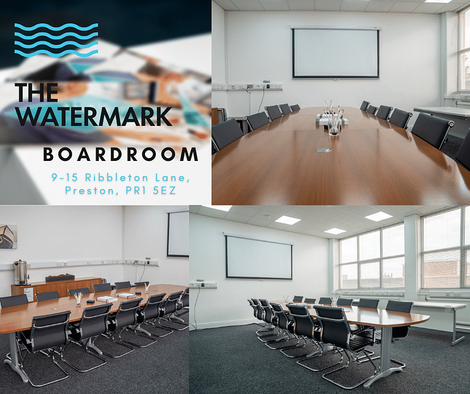 Modern boardroom with polished table, ideal for corporate meetings and events.