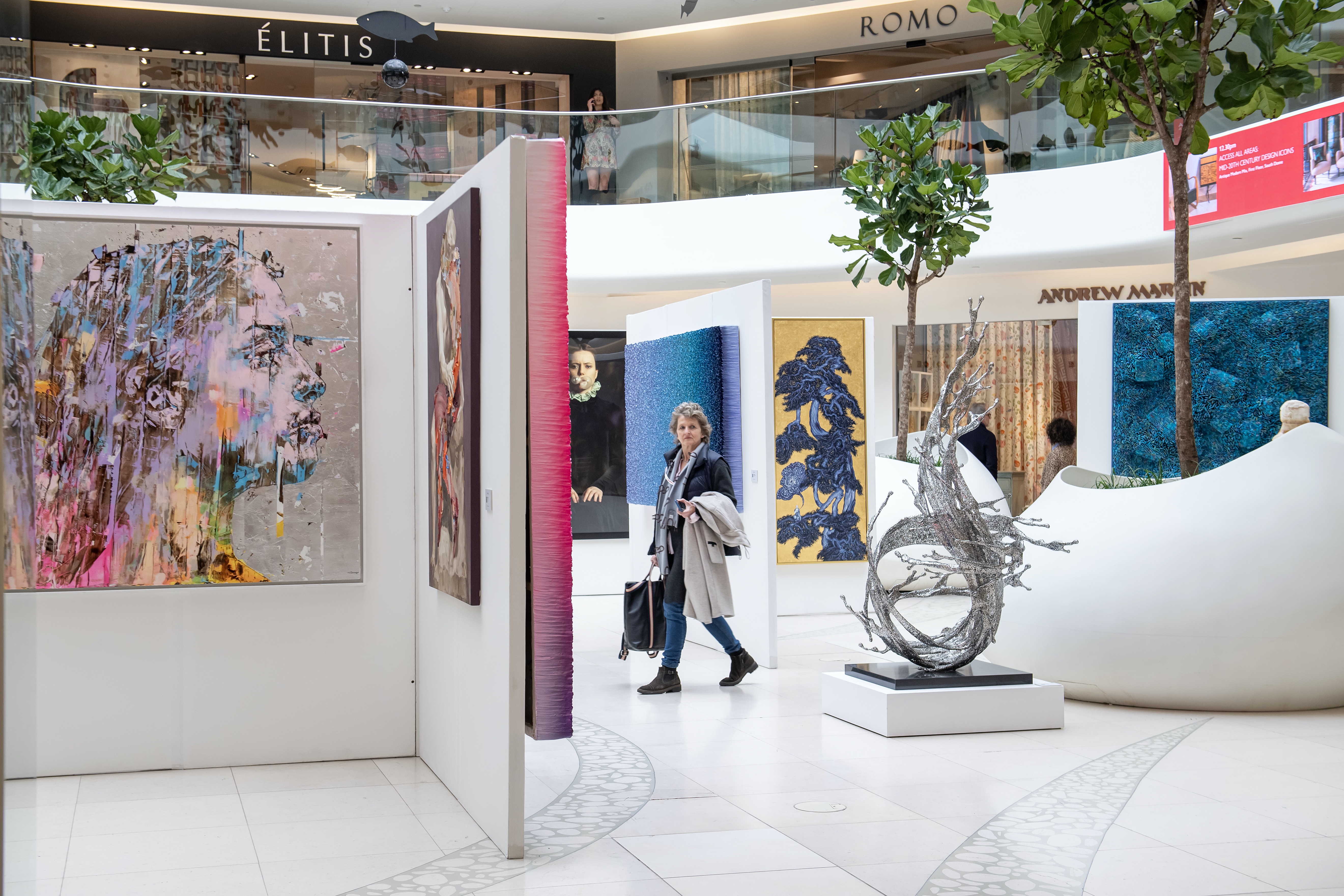 Vibrant art exhibition at Design Avenue, Chelsea Harbour, ideal for networking events.