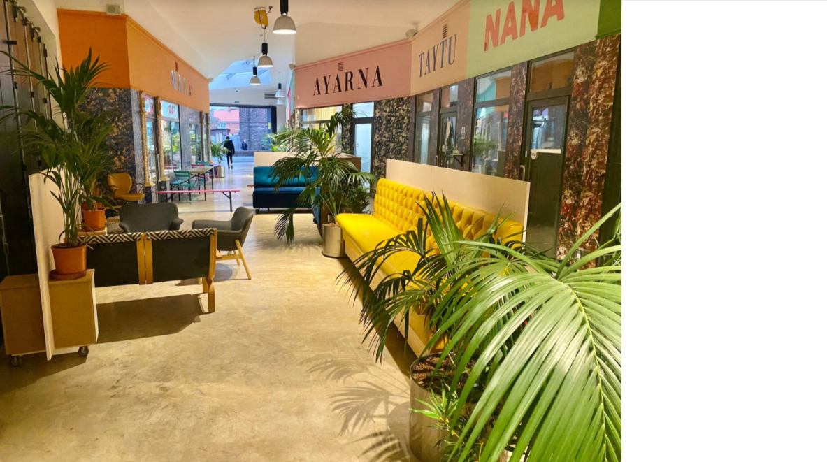 Vibrant event space in Peckham Palms with lush greenery for networking and meetings.