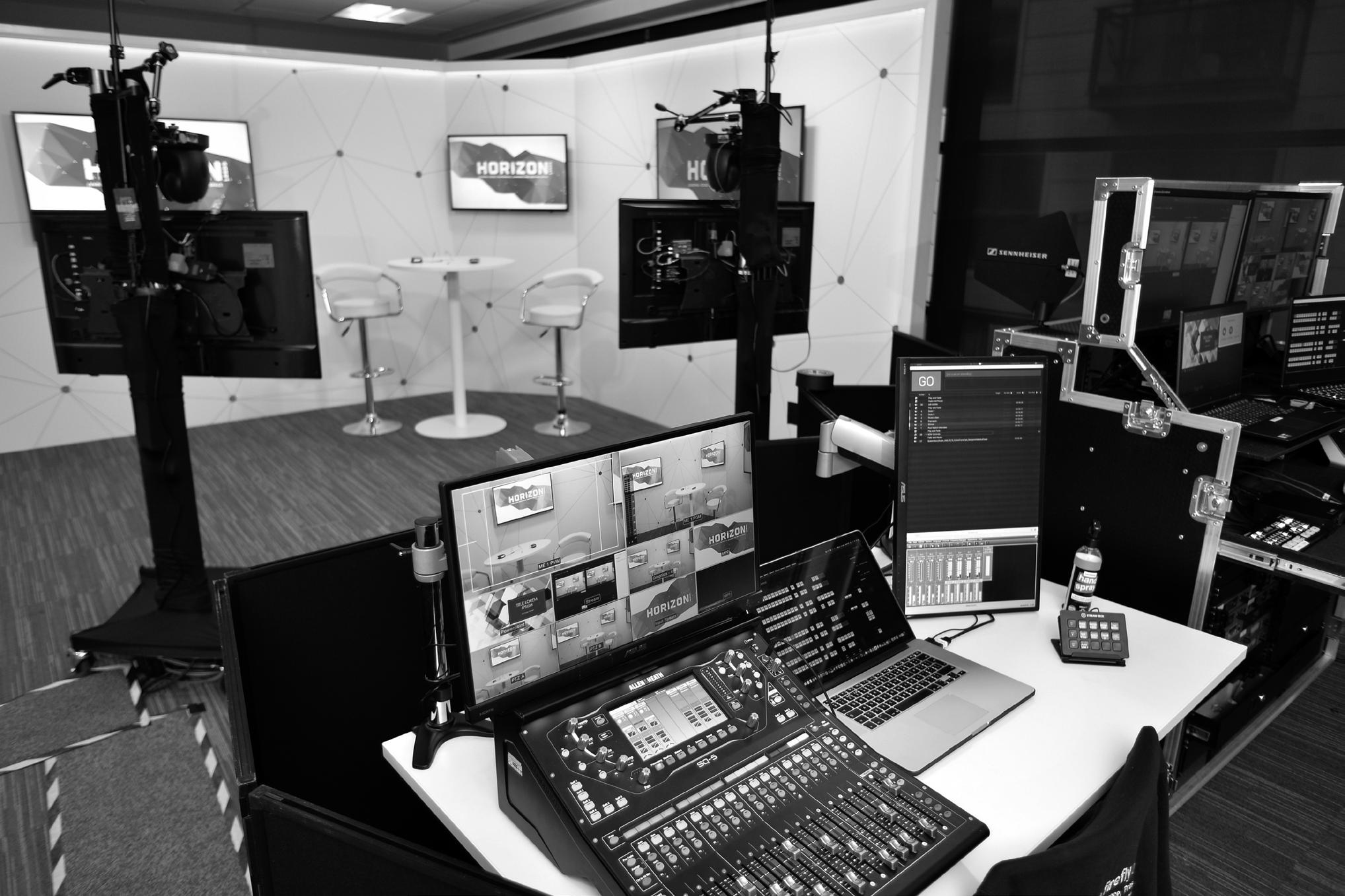 Broadcast Studio in Horizon Leeds with AV setup for hybrid and virtual events.