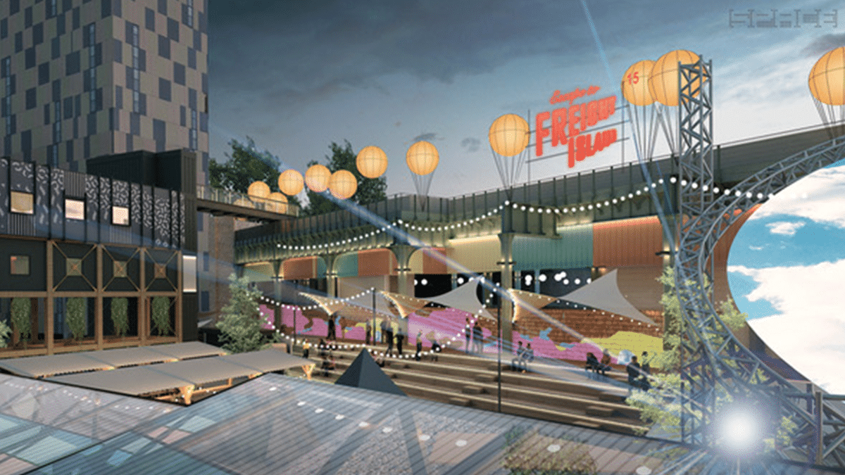 Vibrant outdoor Food Hall at Escape to Freight Island, perfect for festivals and corporate events.