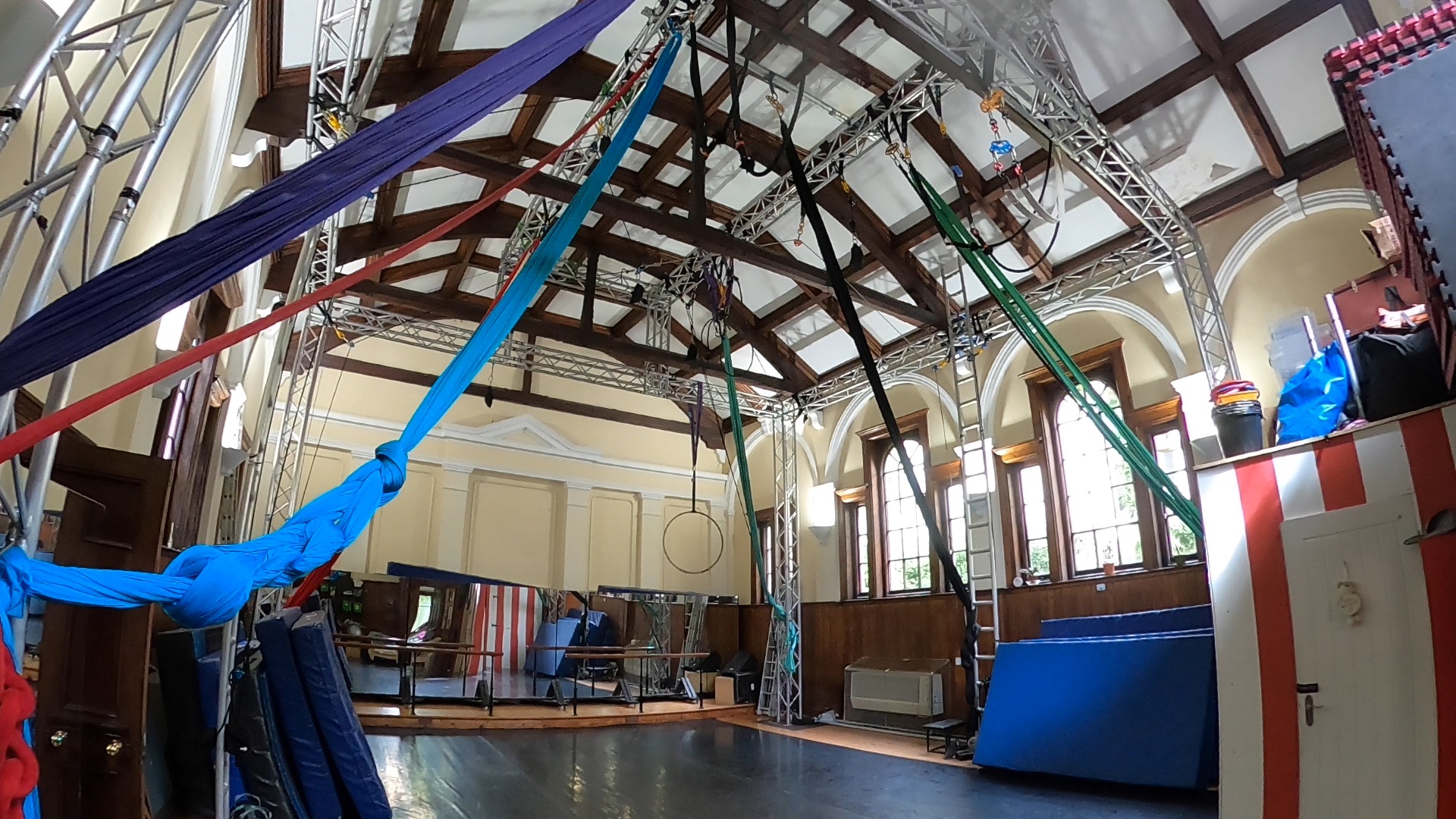 Versatile event space with aerial rigging in West Midlands Circus Centre for workshops and performances.