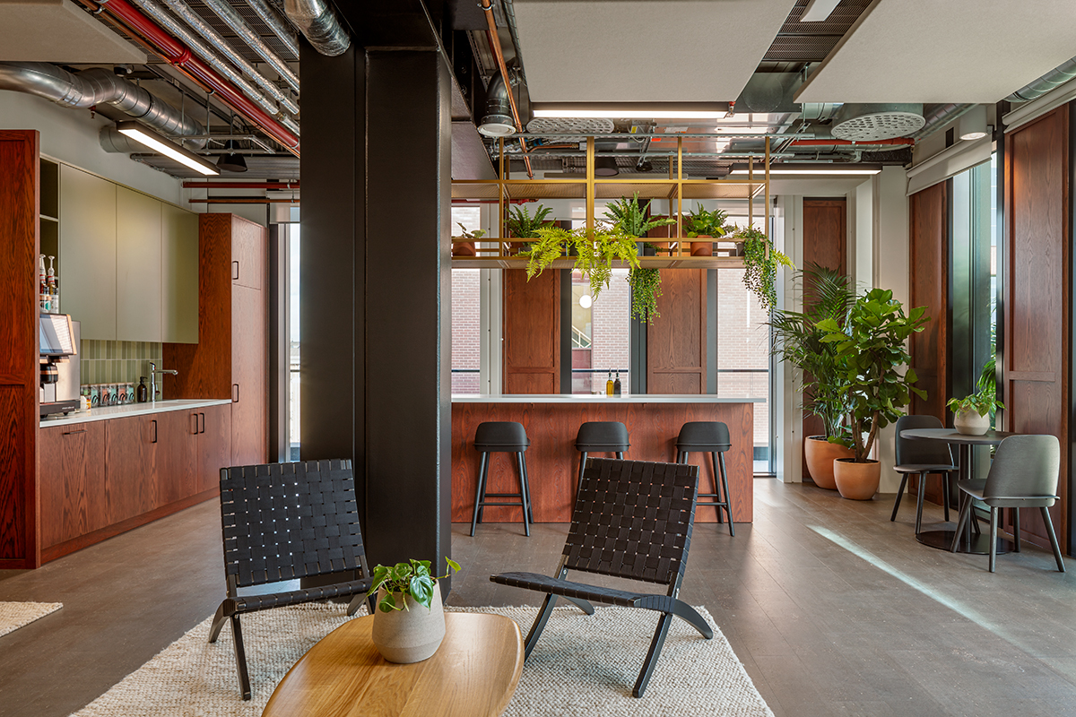 Modern lounge with greenery, ideal for networking events and casual gatherings.