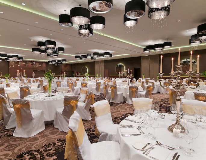 Elegant banquet hall at Hilton London Wembley, ideal for formal events and receptions.