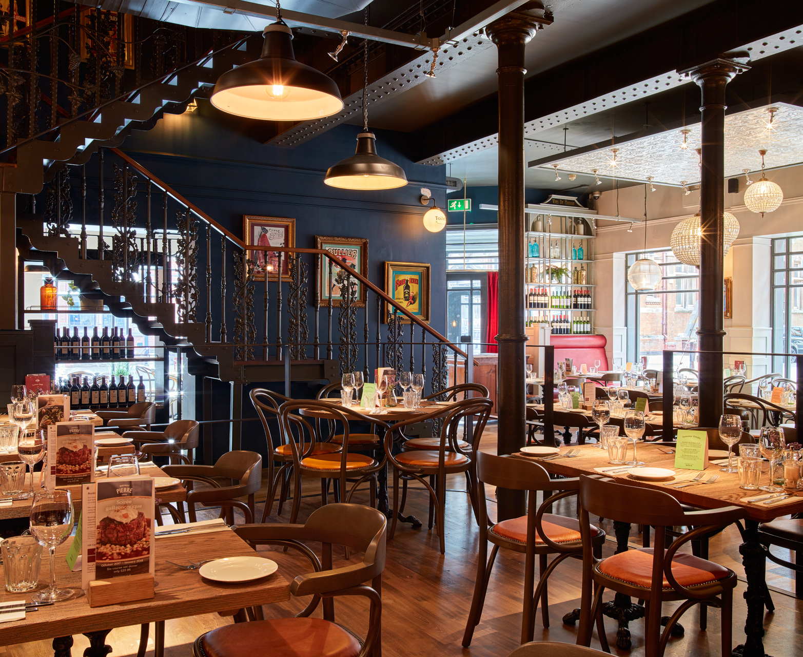 Stylish Bistrot Pierre Leicester interior with warm lighting for events and gatherings.