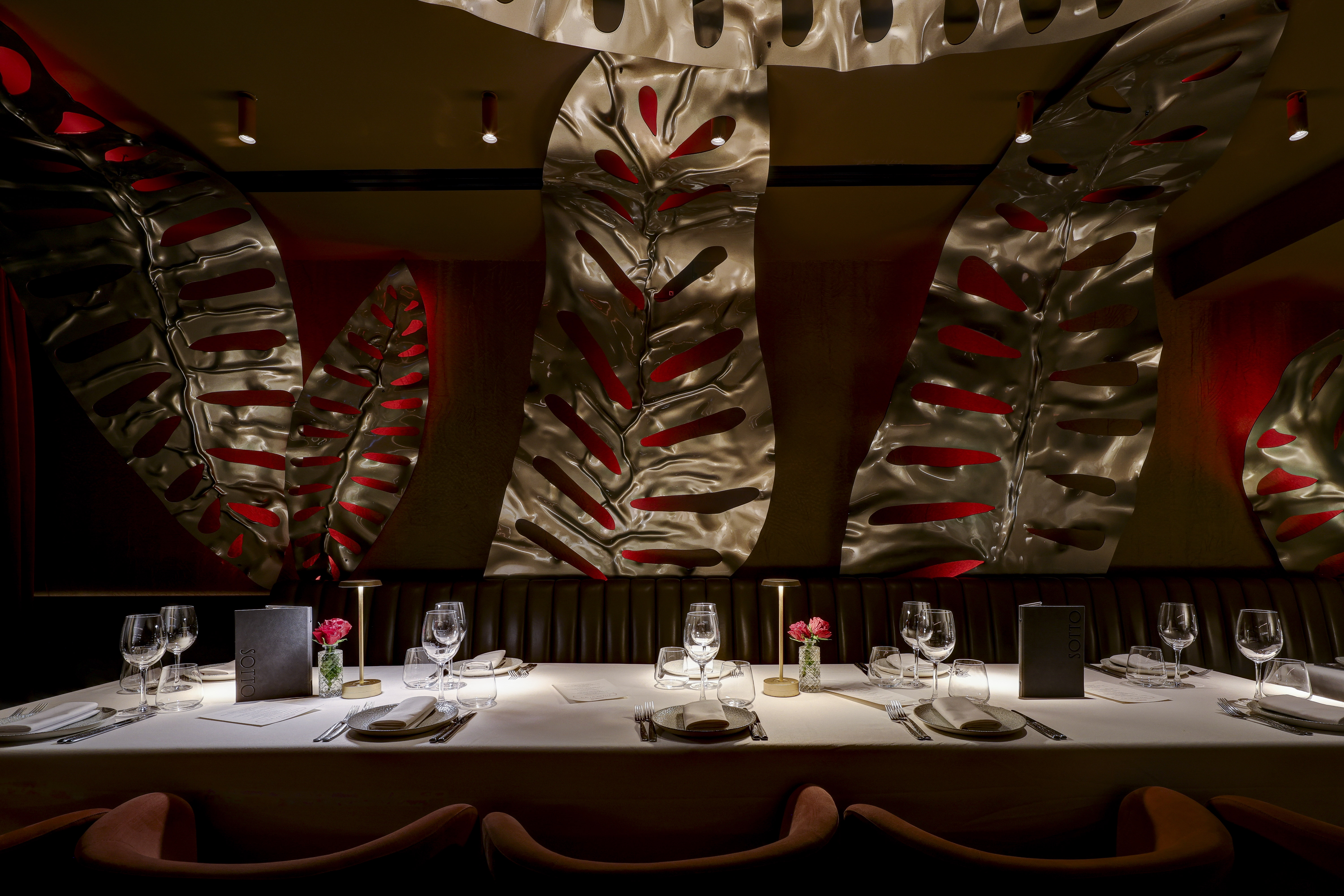 Private dining room at Bocconcino Soho with elegant decor for corporate dinners and gatherings.