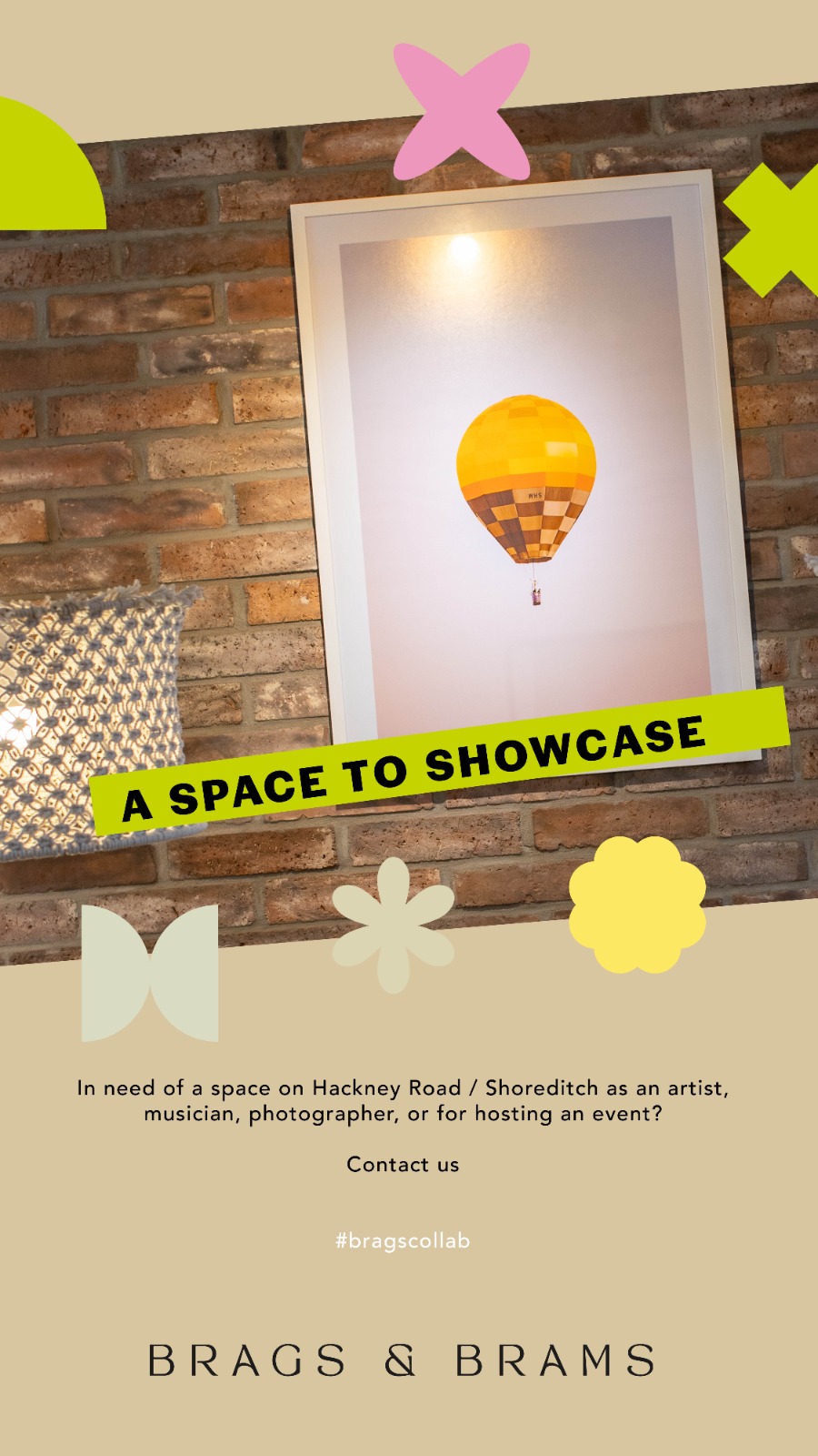 Creative event space with brick walls, ideal for meetings and presentations.