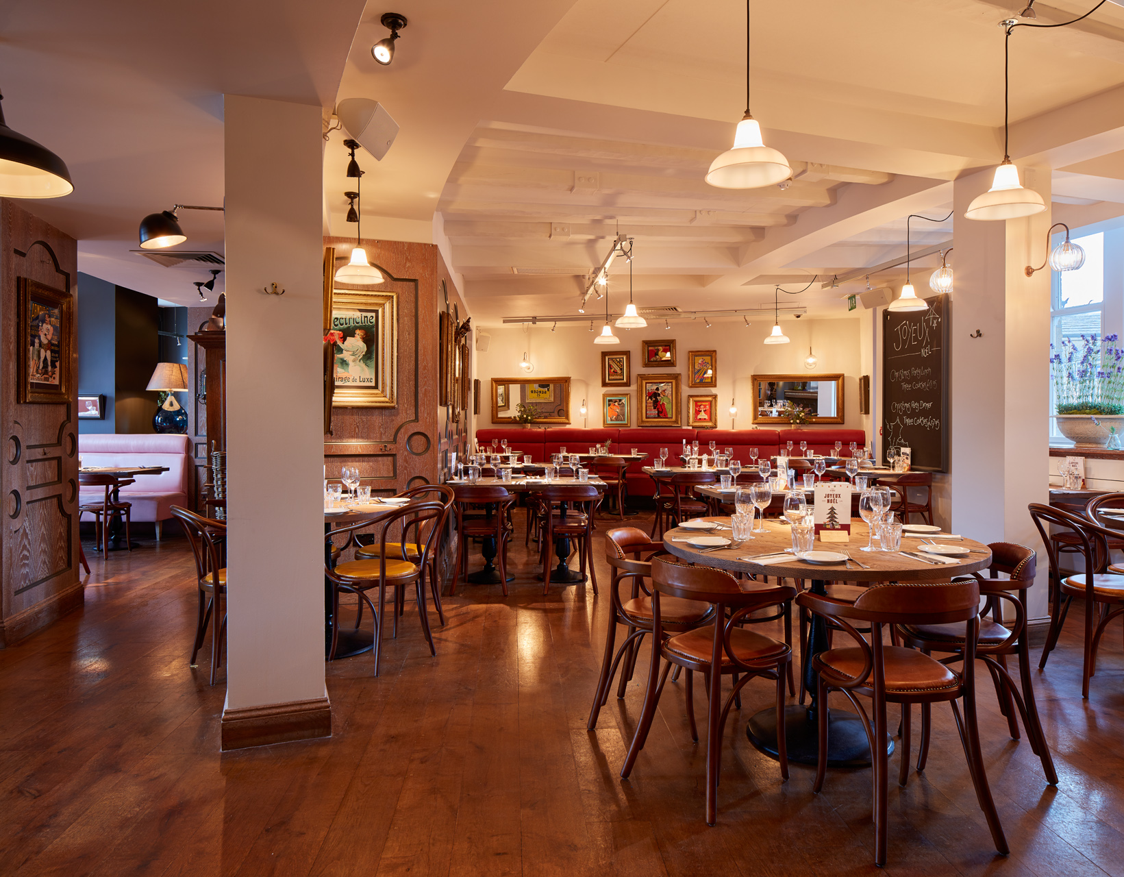 Stylish restaurant interior with warm lighting for intimate gatherings and corporate events.