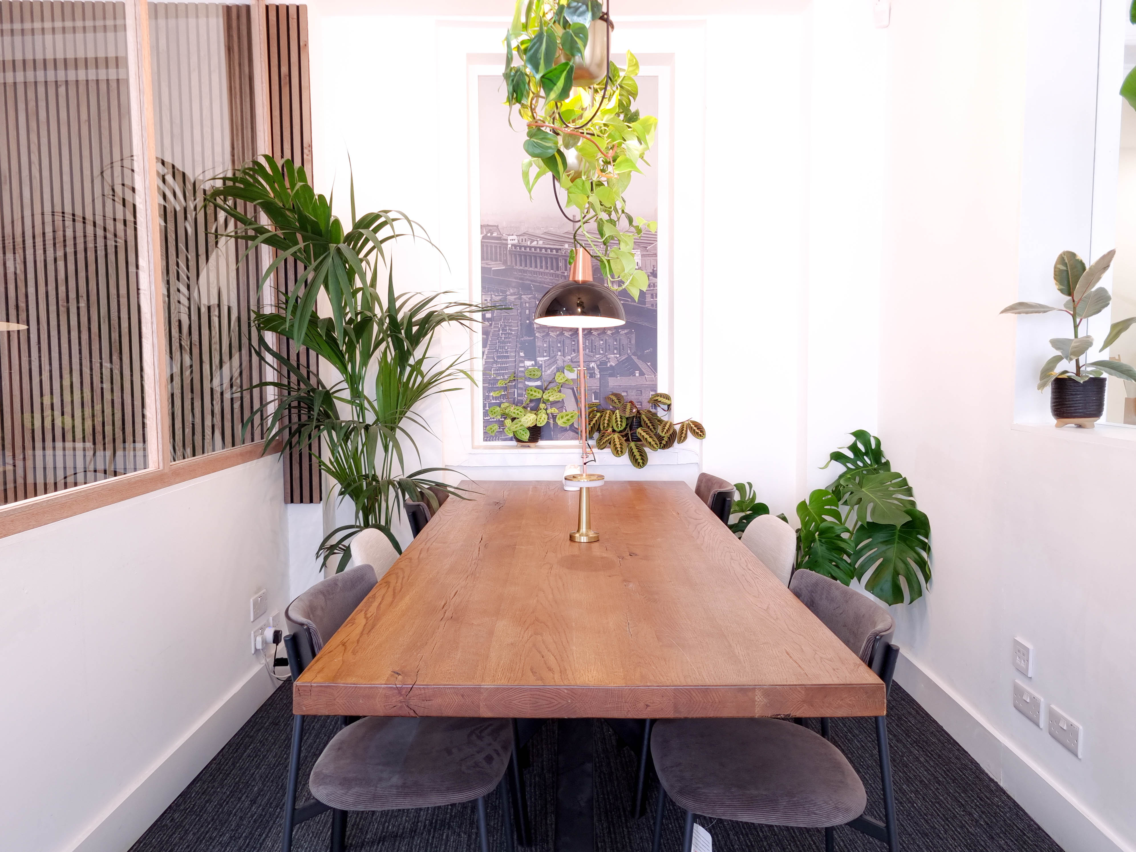 Modern meeting room with wooden table, greenery for creative events at The Travel Cafe Lounge.