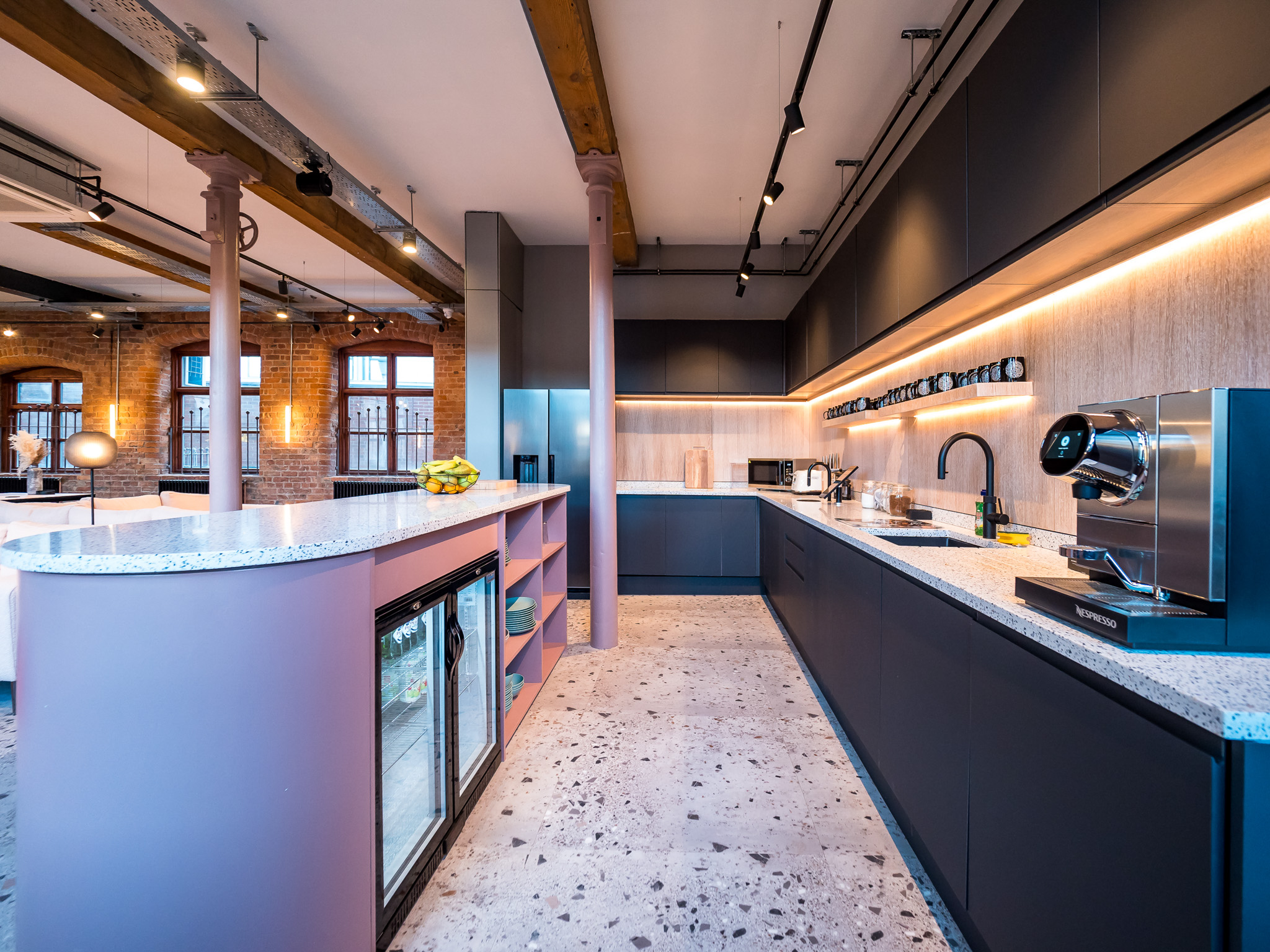 Modern conference room with sleek cabinetry, ideal for meetings and events.