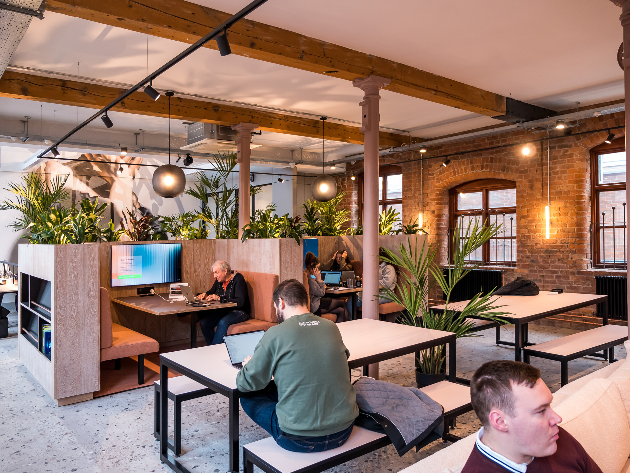 Modern co-working space with greenery for creative meetings and brainstorming sessions.