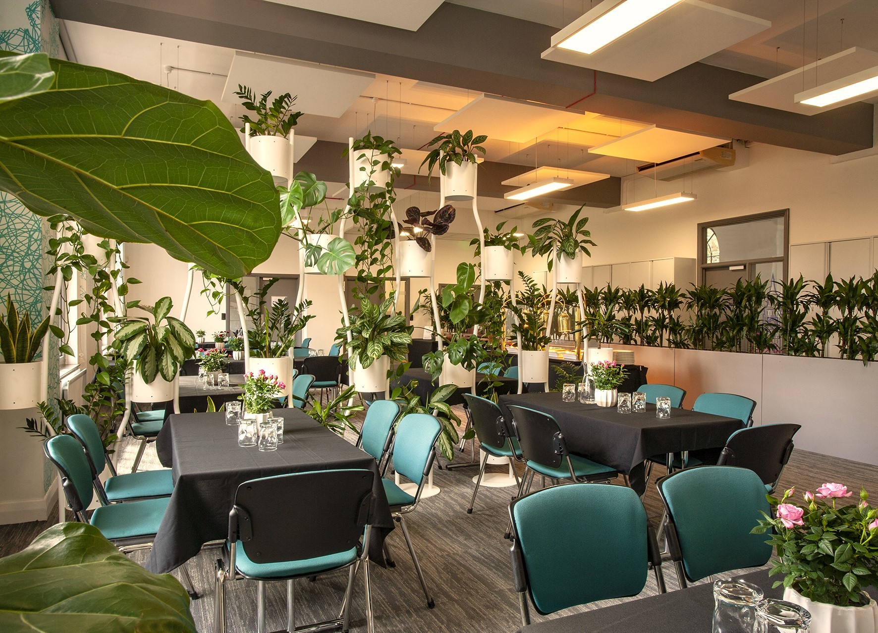 UUK Boardroom at Woburn House: modern meeting space with lush greenery for corporate events.