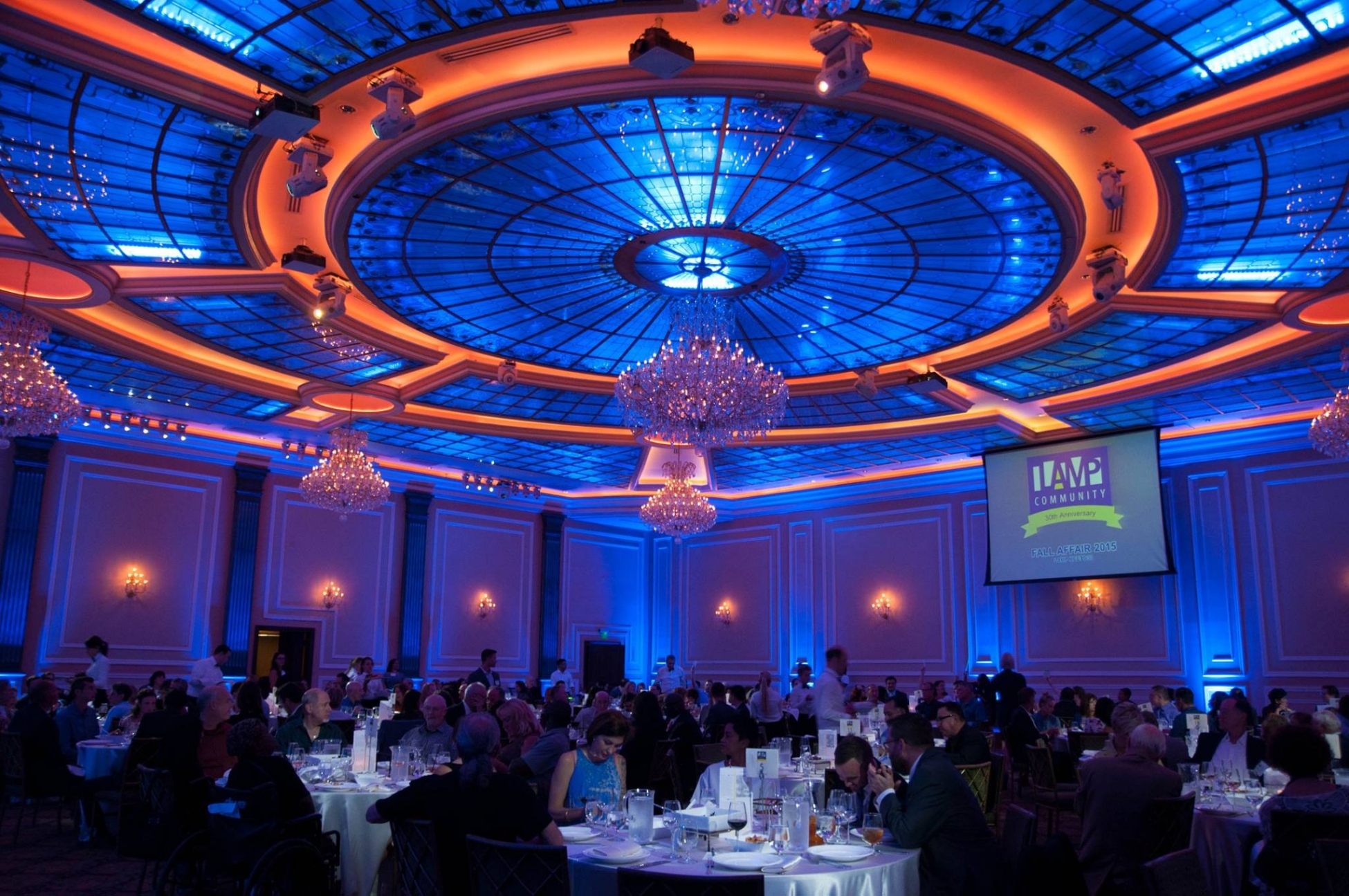 Elegant Foyer in Taglyan Complex with blue lighting, perfect for corporate events and galas.