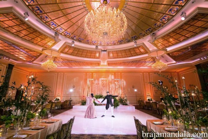 Elegant Taglyan Complex foyer with grand chandelier, perfect for wedding receptions.