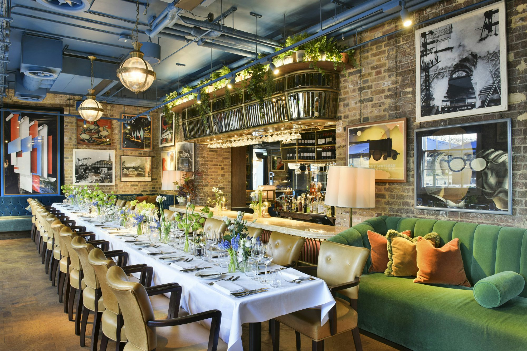 Elegant dining space with floral centerpieces for corporate events and intimate gatherings.