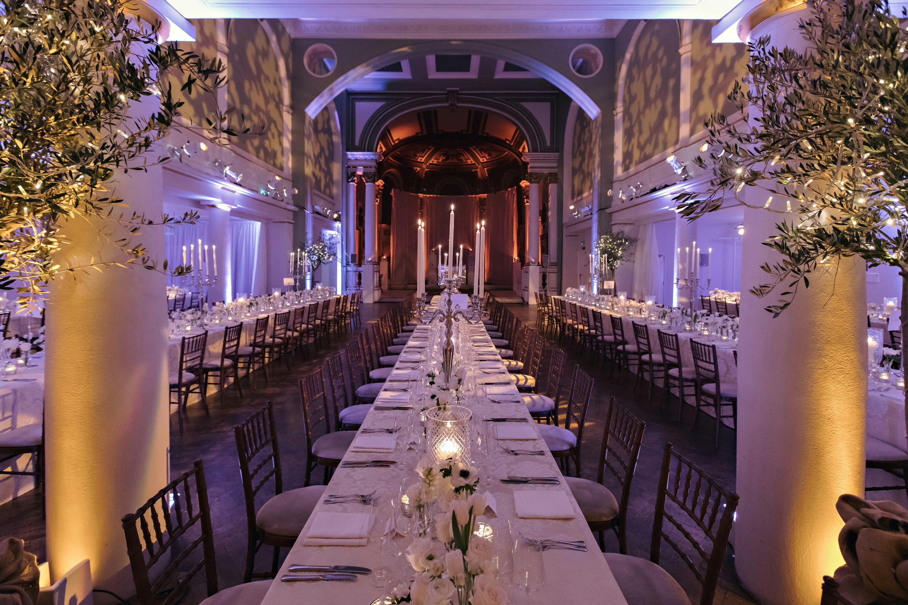 Elegant banquet hall in Soane Hall, perfect for weddings and formal dinners.
