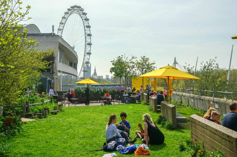 Queen Elizabeth Hall Roof Garden with yellow umbrellas, ideal for networking events in London.