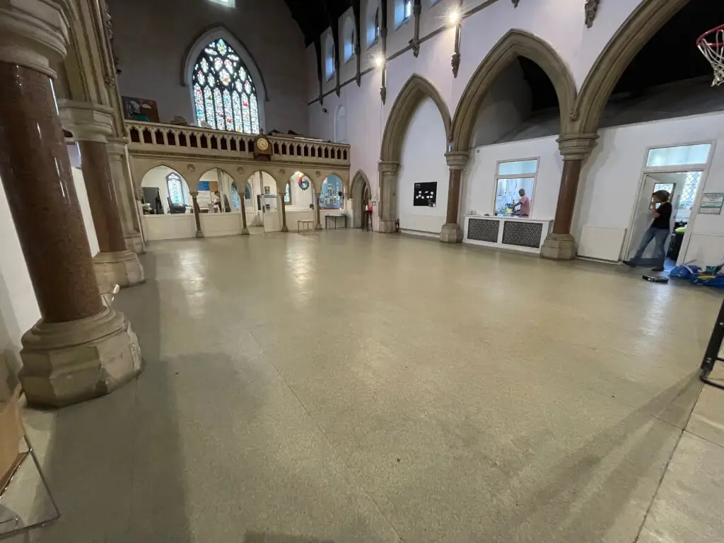 Spacious St Peter’s Church Hall with high ceilings, perfect for events and gatherings.