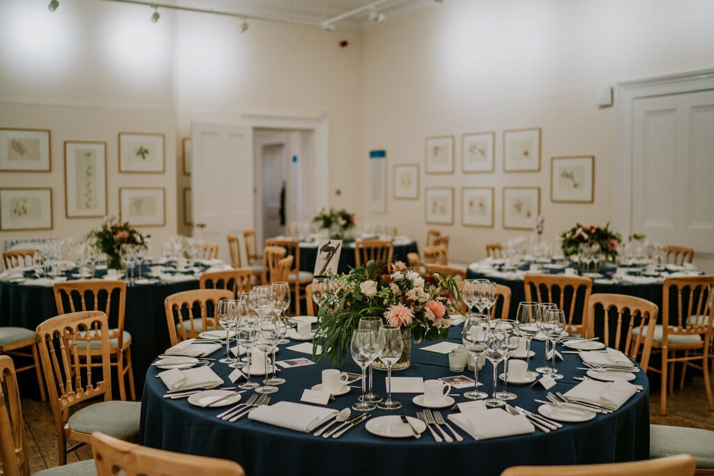 Banquet-style tables at The Orangery, Kew Gardens; elegant venue for corporate gala or wedding.