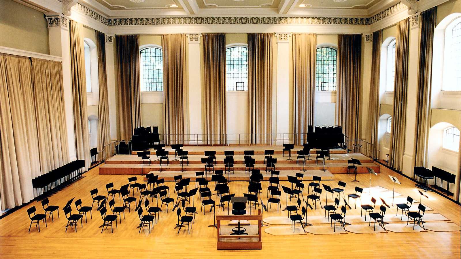 Recording studio in Henry Wood Hall with semi-circle seating for concerts and meetings.