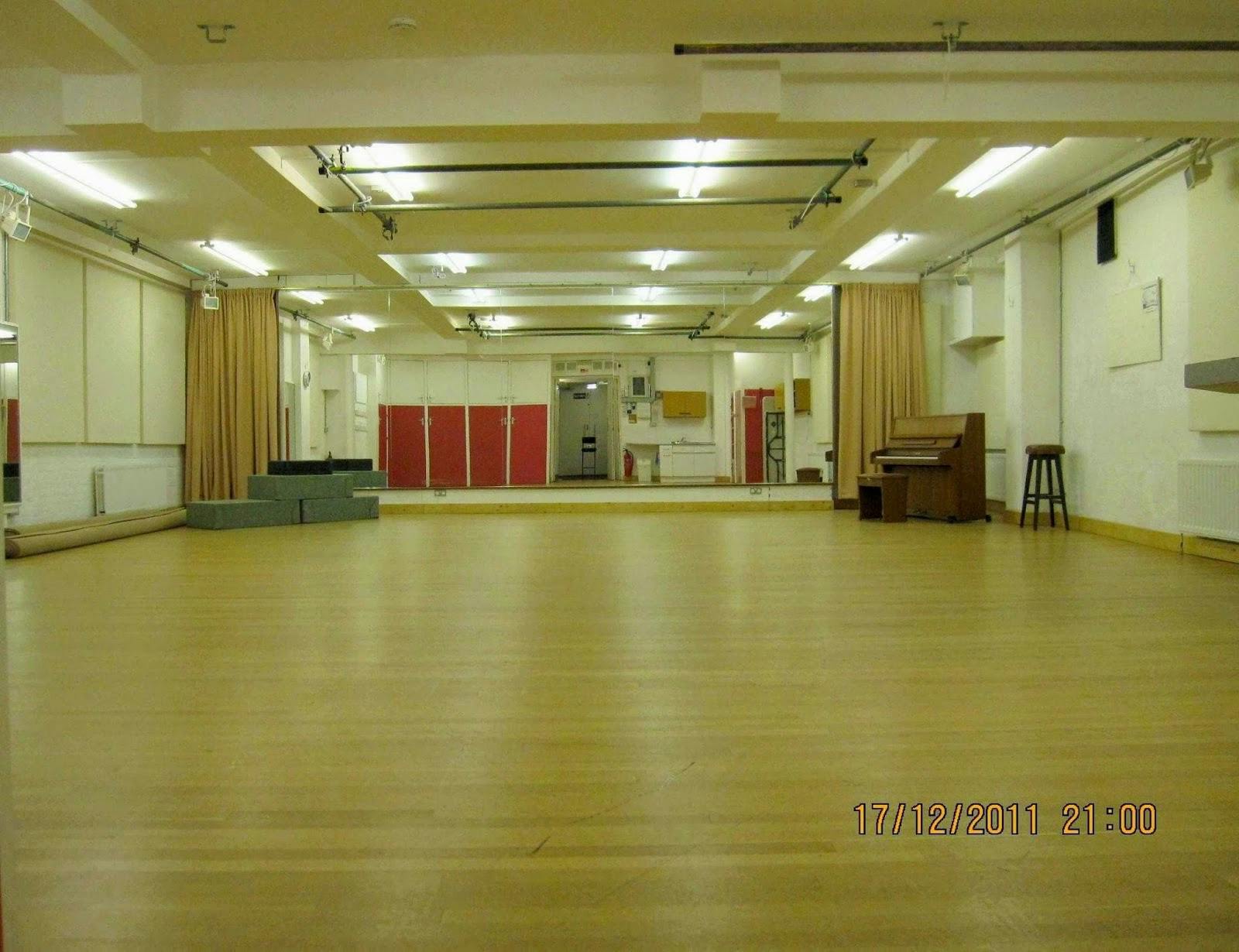 Spacious event space with wooden flooring, ideal for workshops and dance classes.