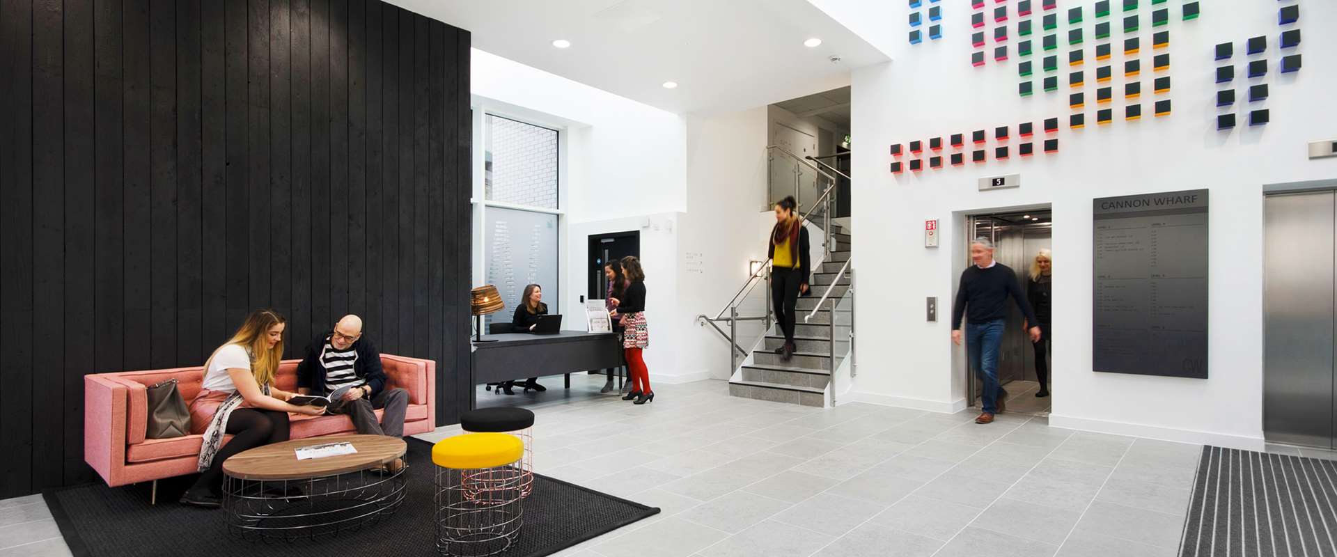 Modern lobby at Gather, Cannon Wharf; ideal for meetings and events.