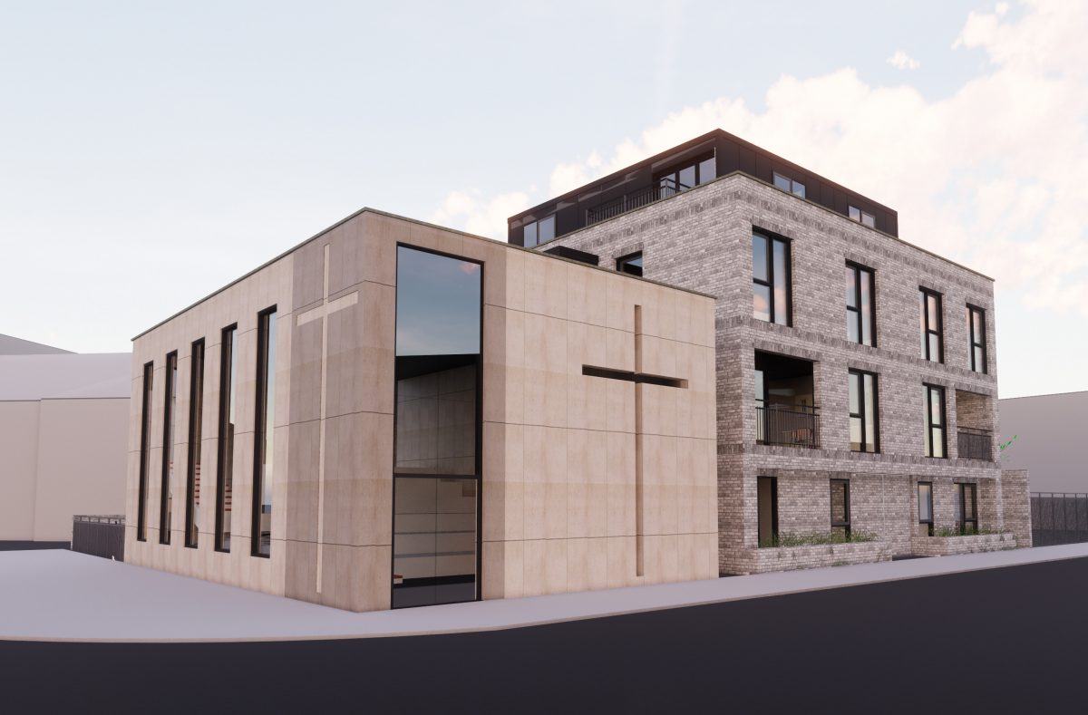 Modern hall with stone and glass design, ideal for conferences and community events.