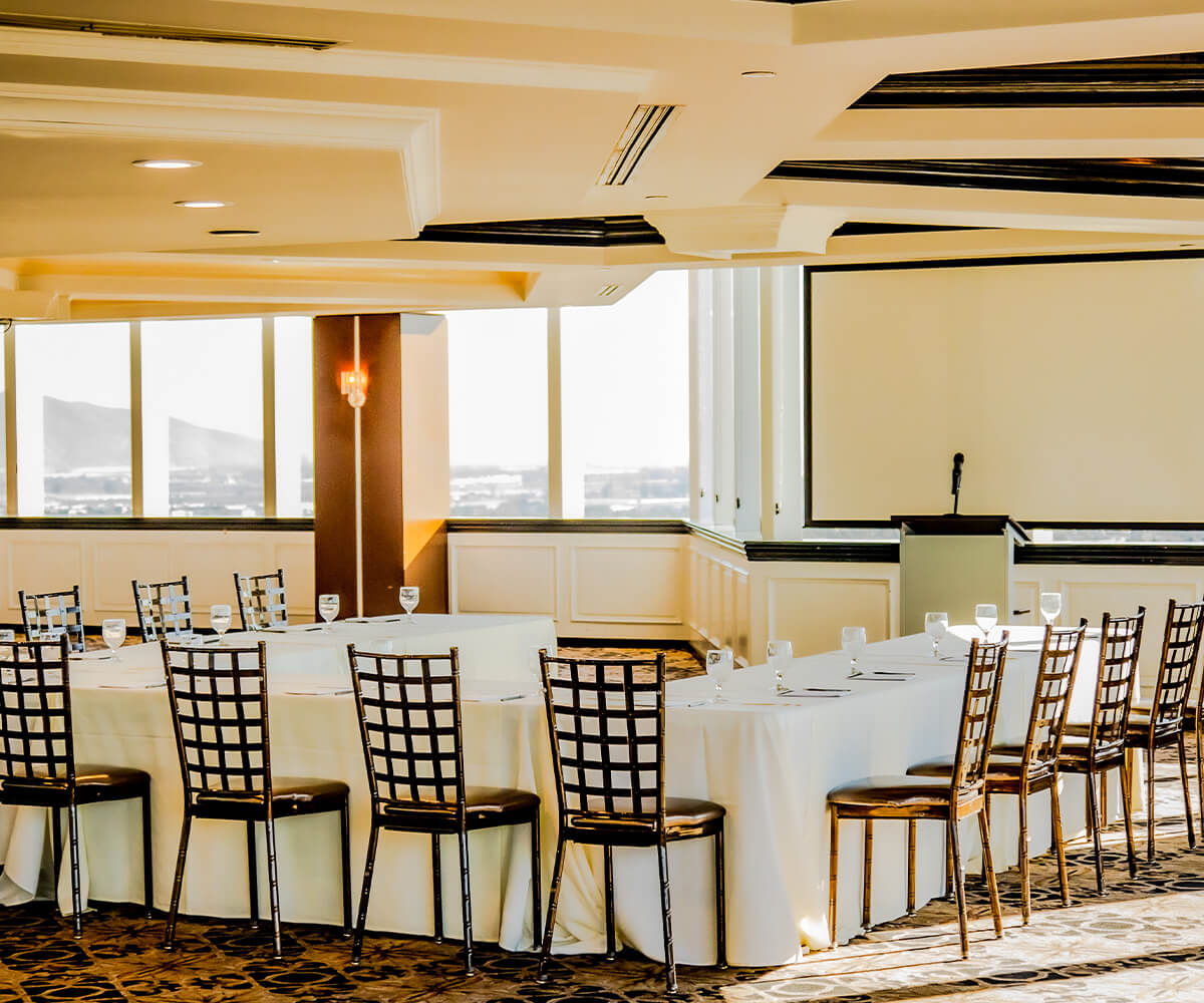 Pacific View Tower meeting room with U-shaped seating for workshops and formal events.
