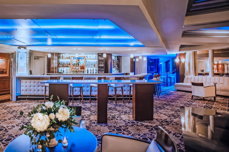 Pacific View Tower event space with modern bar and elegant seating for cocktail receptions.