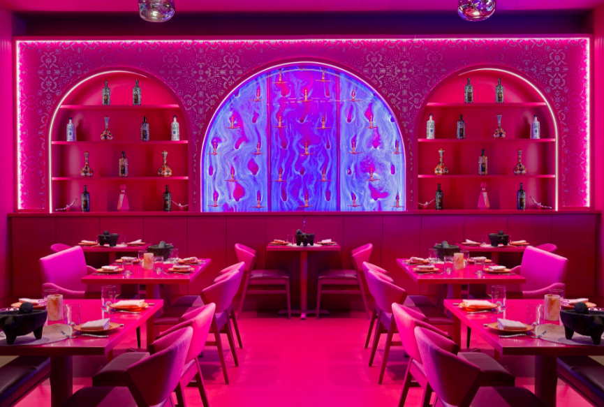 Pink Suprema Room at Rosa Mexicano, vibrant decor for themed dinners and networking events.