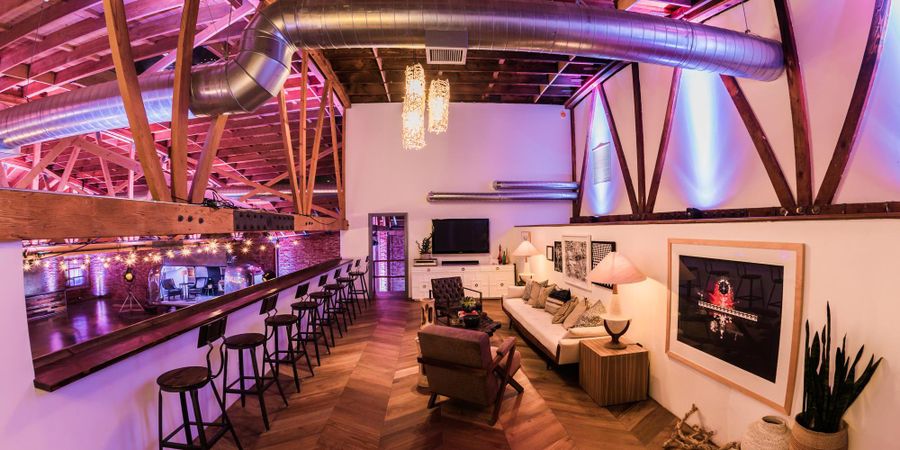 Art Gallery in LA River Studios: modern event space with warm lighting for networking.